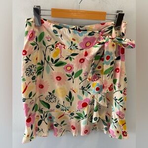 Sandra Angelozzi 100% Silk Floral Lined Faux Wrap Mini Skirt Ruffle Size 34